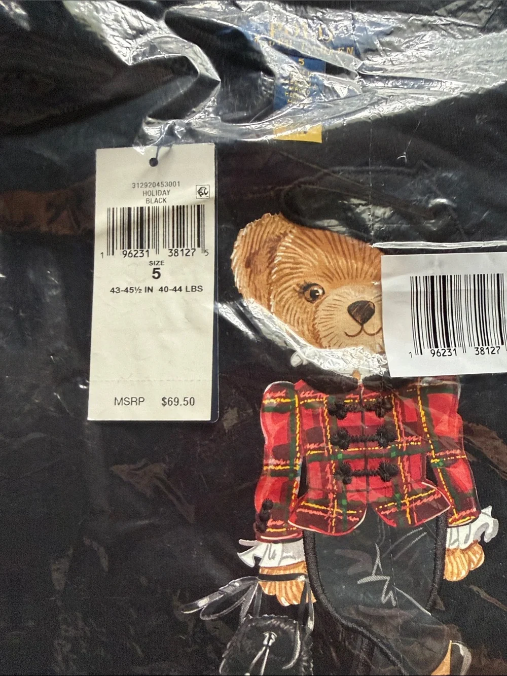 NWT-Ralph Lauren Kids Black Sweatshirt with Plaid Polo Bear Graphic